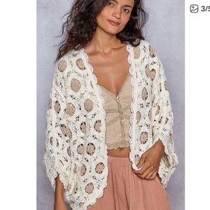 #184 POL New Crochet Lace Cardigan with Pink and Beige Outfit